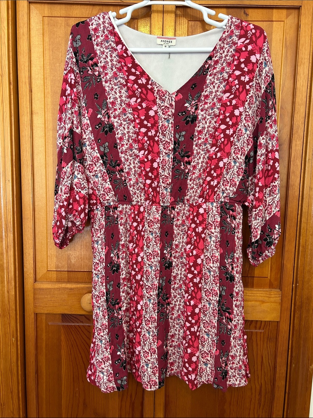 Andree Burgundy and Pink Floral V‑Neck Mini Dress 3X Dolman Sleeve EUC